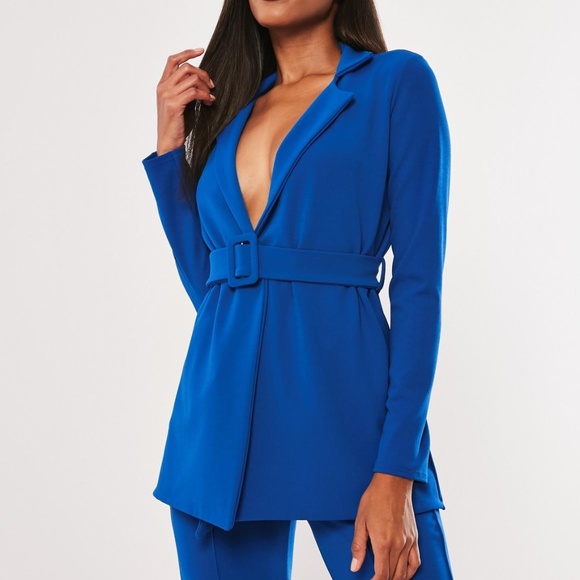Missguided Jackets & Blazers - Missguided Long Belted Royal Blue Blazer Jacket